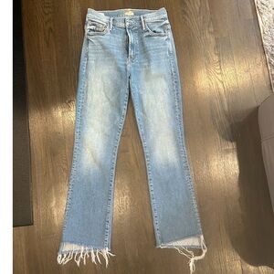MOTHER Light Blue Straight Leg Jeans with Frayed Hem